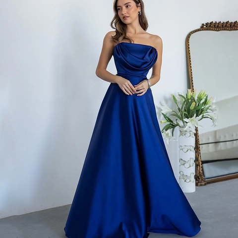Elegant Satin Strapless Maxi Dress Cowl Neck Backless Party Evening Gown High Waist Solid Color Formal Wedding Guest