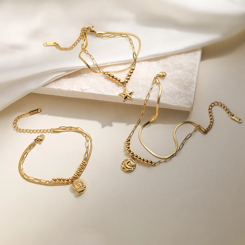 Doppellagiges Edelstahl Charm Armband Für Damen Vergoldet Schlangenkette Stern Mond Muschel Anhänger Stapelbarer Schmuck