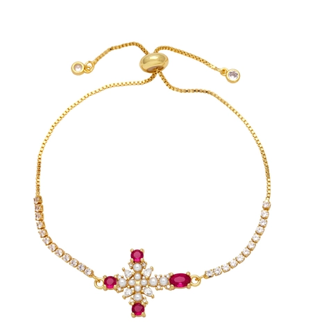 Bracciale A Croce In Rame Placcato Oro Con Zirconia E Perla Artificial Sintetica Gioielli Regolabili Per Donna