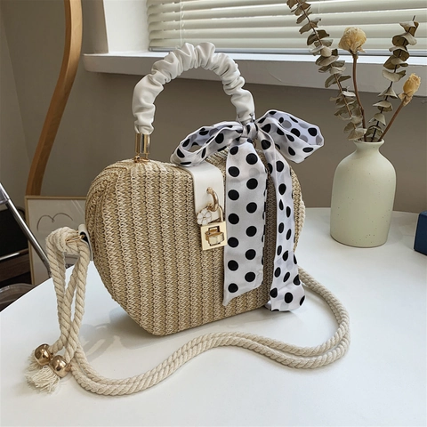 Straw Woven Crossbody Bag For Women With Satin Scarf Decor Flower Lock Heart Shaped Shoulder Handbag Summer Beach