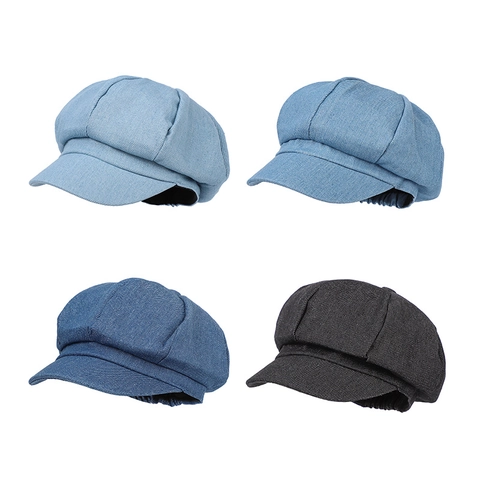 Denim Newsboy Cap Cotton Retro Octagonal Hat Adjustable Solid Color Casual Painter Hat For Women