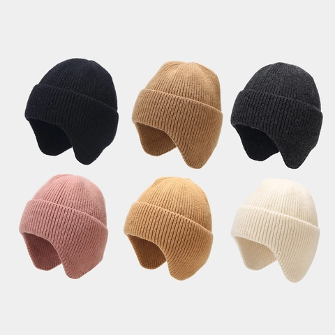 Gorro De Punto De Color Sólido Con Orejeras Acrílico Grueso Invierno Cálido Protección Para Los Oídos Unisex