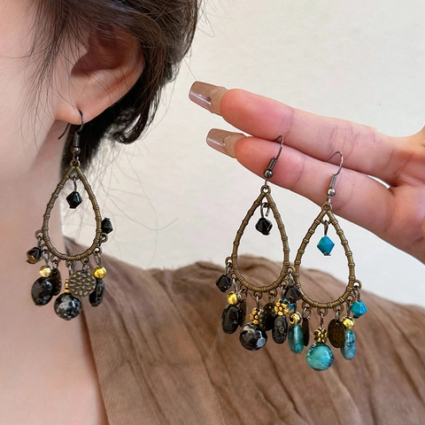 Boucles D'oreilles Pendantes Goutte D'eau Vintage En Alliage Avec Perles En Pierre Artificielle Style Bohème Ethnique