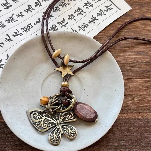 Vintage Bohemian Lange Hanger Ketting Koperlegering Houten Kralen Handgemaakte Etnische Stijl Zen Sieraden Voor Dames