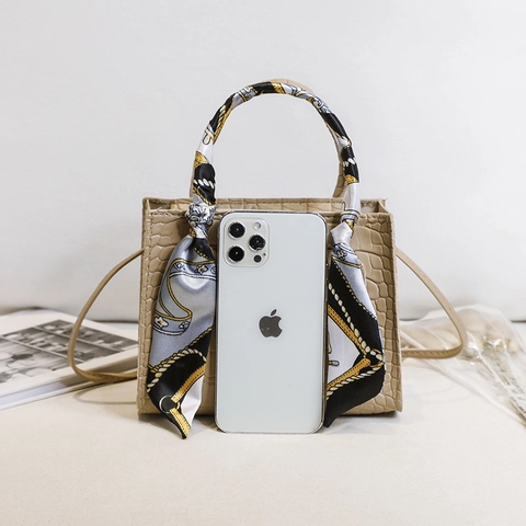 Sac à Main pour Femmes en Cuir PU à Motif Crocodile Avec Poignée en Foulard de Soie Petit Sac à Épaule Bandoulière pour les Déplacements Quotidiens