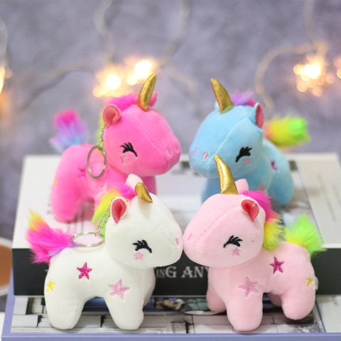 Plush Unicorn Keychain Pendant Soft Stuffed Toy With Golden Horn Rainbow Mane And Star Embroidery Bag Charm For Kids