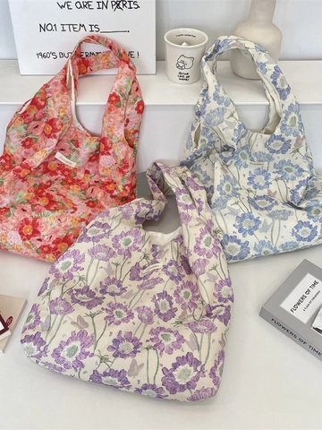 Floral Print Shoulder Bag Large Capacity Slouchy Tote Bag Polyester Fabric Pastoral Style For Women Daily Travel