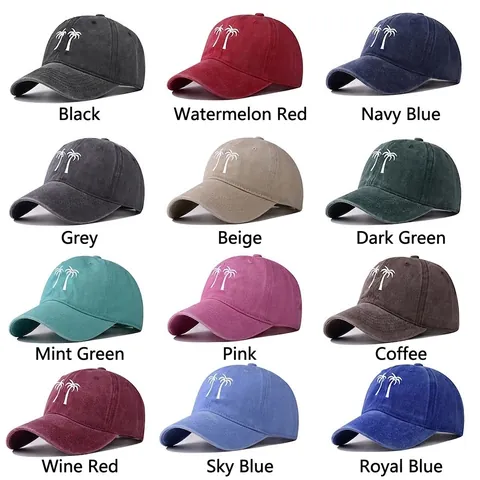 Cappello Da Baseball In Cotone Lavato Vintage Ricamo Palma Distressed Protezione Solare Outdoor Regolabile Uomo Donna