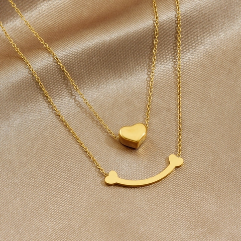 Double Layer Necklace Stainless Steel Gold Plated Heart Smile Arc Pendant Minimalist Jewelry For Women Fashion
