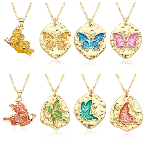 Collana Con Pendente A Farfalla Rame Smalto Colorato Micro Inlay Moneta Martellata Gioielli Stile Boho Retrò Regalo Per Donne