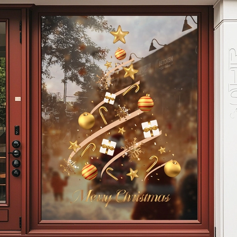 Christmas Tree Window Stickers Static Cling PVC Gold Stars Snowflakes Reusable Removable Holiday Shop Glass Decor
