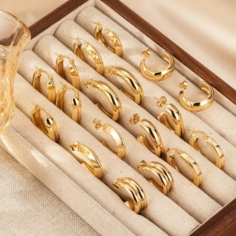 Stainless Steel Hoop Earrings 18K Gold Plated Geometric C Shape Polished Minimalist Jewelry For Women Fashion Trendy