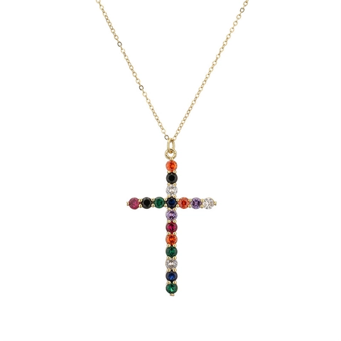 Collier Style Occidental en Cuivre Plaqué Or Avec Pendentif Croix en Zirconia Multicolore Bijoux de Mode pour Femme Cadeau