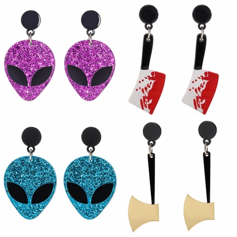 Acryl Glitzer Alien Axt Blutiges Messer Ohrhänger Für Damen Halloween Party Gothic Horror Schmuck Lustiges Geschenk