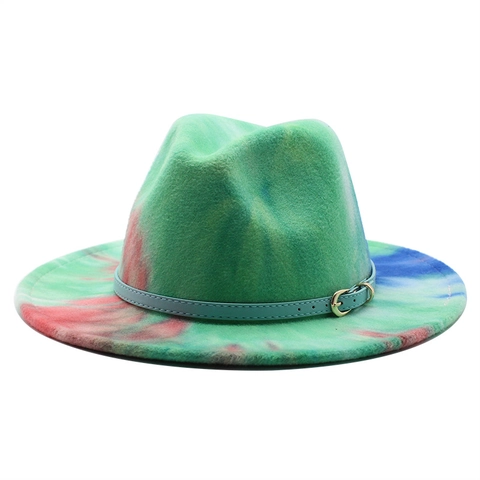 Tie Dye Regenboog Fedora Hoed Brede Platte Rand Katoen Polyester Vilt Jazz Pet Met Riem Gesp Voor Dames Heren