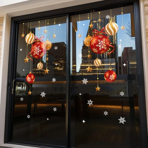 Christmas Window Stickers PVC Static Cling Red Gold Balls Snowflakes Stars Double Sided Glue Free Festive Decor