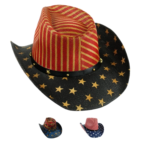 Western Cowboy Hat Paper Straw American Flag Stars And Stripes Wide Brim Sun Hat With Rivet Decor For Outdoor Party Men Women