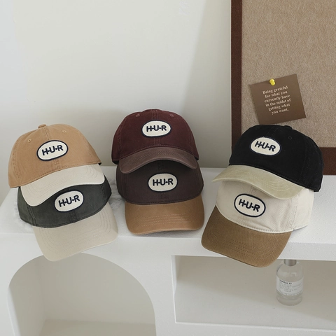 Kids Baseball Cap Washed Cotton Color Block Cartoon Bear Embroidery Retro Adjustable Sun Protection Hat
