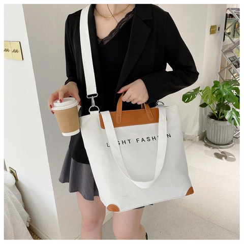 Große Canvas Tragetasche PU Leder Patchwork Schulter Umhängetasche Lässig Reise Buchstabendruck Für Frauen