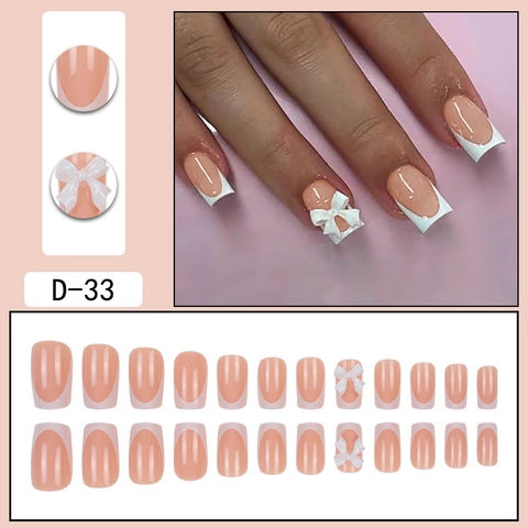 French Tip Press On Nails Pink White With 3D Resin Bow Sweet Elegant Square Artificial Finger Nails For Women