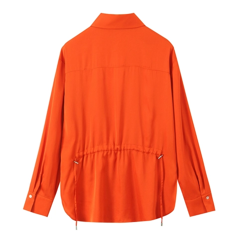 Chemisier Satiné Manches Longues Boutonné Col À Revers Coupe Ample Cordon De Serrage Dos Haut Mode Femmes