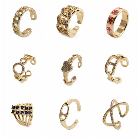 Fashion Adjustable Rings Copper Gold Plated Hollow Geometric Heart Star Zircon Inlaid Minimalist Jewelry For Women