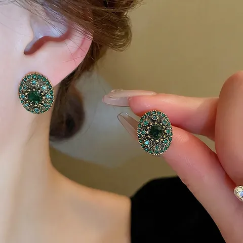 Orecchini Ovali Vintage Verde Smeraldo Pietra Preziosa Sintetica Con Perno In Argento Sterling 925 Lega Strass Palazzo