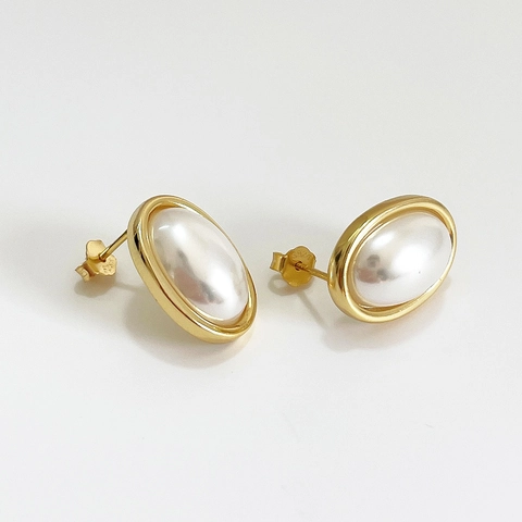 Pendientes De Botón De Perla Artificial De Concha Ovalados Con Poste De Plata De Ley 925 Chapados En Oro Estilo Retro Francés