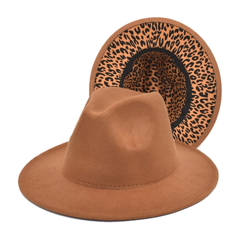 Fedora Hat Wool Felt Wide Flat Brim Leopard Print Lining Contrast Color Jazz Hat For Men Women British Style Vintage