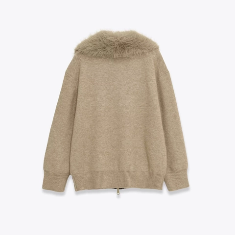 Elegant Women Knit Jacket With Large Faux Fur Collar Solid Color Zipper Front Casual Long Sleeve Khaki Outerwear