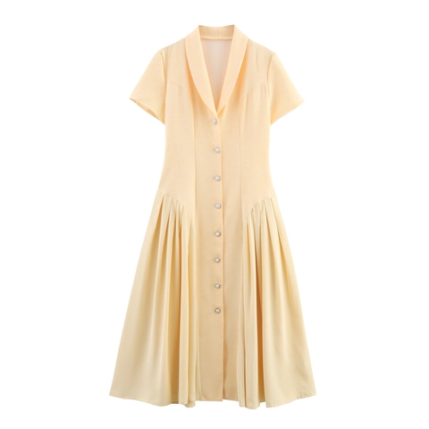 Robe De Navette Élégante Pour Femmes Tweed Mince Col Tailleur Manches Courtes Plissé Patchwork Taille Haute Col En V Bouton Künstliche Perle Style Rétro