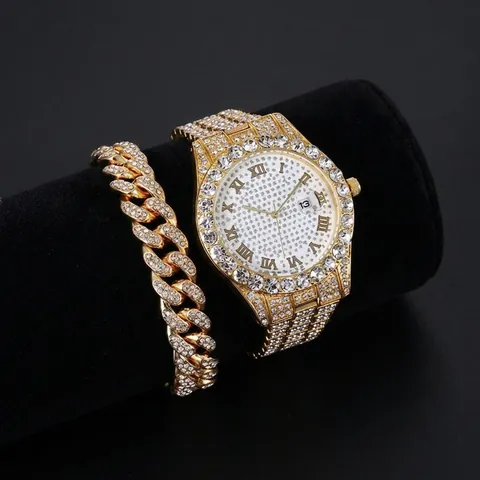 Luxurious Men's Hip Hop Iced Out Watch And Bracelet Set Stainless Steel Rhinestone Roman Numerals Date Quartz Watch Set