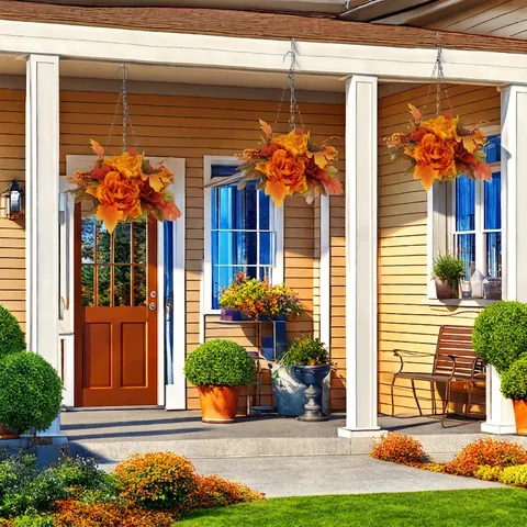 Autumn Harvest Thanksgiving Hanging Flower Basket Artificial Peony Maple Leaves Berries Farmhouse Outdoor Porch Decor With Metal Chain