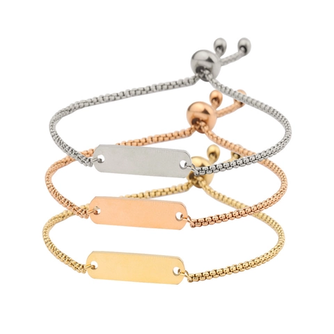 Minimalist Stainless Steel Bracelet With Adjustable Slider Drawstring Chain And Polished Rectangular Blank Bar Plate