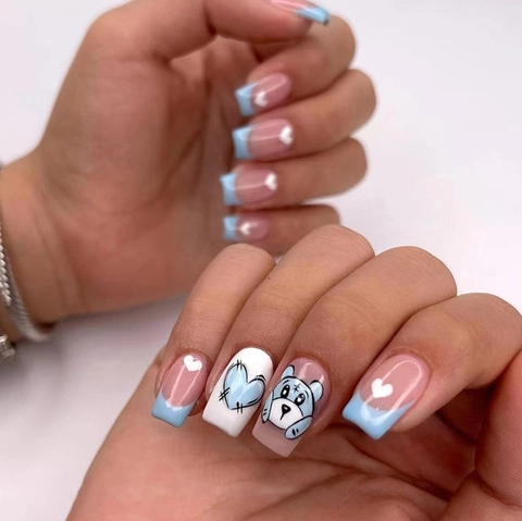 Uñas Postizas Azul Rosa Punta Francesa Corazón Oso De Dibujos Animados Diseño Plástico Forma Cuadrada Lindo Para Mujeres