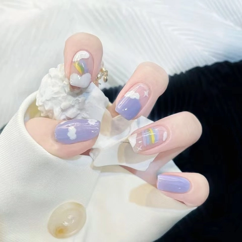 Purple Press On Nails Cloud Rainbow Star Pattern ABS Resin Glossy Square Round Shape Cute Sweet Style For Women
