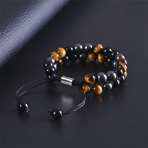 Men Double Layer Beaded Bracelet Natural Tiger Eye Stone Black Agate Hematite Adjustable Braided Rope Healing Energy