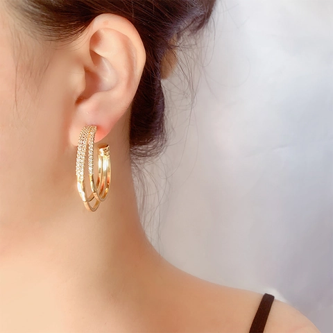 Large Hoop Earrings Pave Zircon Copper 18K Gold Plated Double Layered Geometric Trendy Exaggerated Jewelry Women