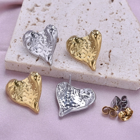 Irregular Heart Stud Earrings For Women Stainless Steel Hammered Texture Lava Design 18K Gold Plated Minimalist Fashion Jewelry