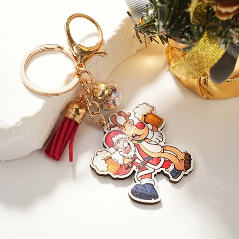 Cartoon Christmas Santa Claus Keychain Set Wooden Reindeer Pendant Red Tassel Glitter Ball Key Ring For Holiday Bag Decor