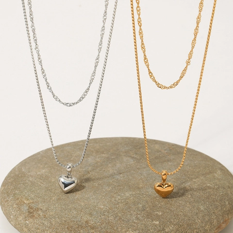 Double Layer Stainless Steel Heart Pendant Necklace PVD Gold Plated Minimalist Waterproof Non Tarnish Jewelry For Women