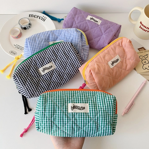 Checkered Quilted Cotton Polyester Pencil Case Large Capacity Zipper Pouch Travel Cosmetic Bag Style For Students