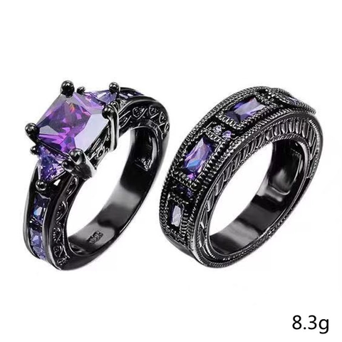 Bagues Gothiques Vintage Pour Femmes Alliage De Zinc Noir Zircone Violette Coupe Princesse Bijoux Mariage