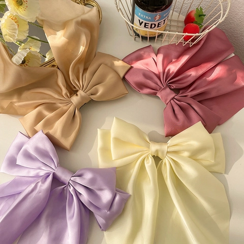 Pinza Para El Pelo Con Lazo Grande Satén Satén Vintage Francés Elegante Horquilla Cinta Larga Dulce Para Mujeres