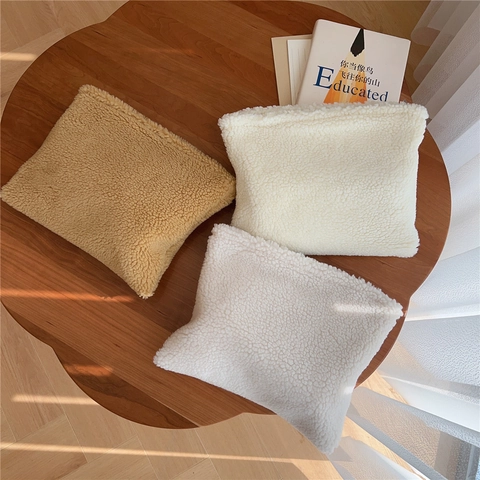 Borsa Per Cosmetici In Peluche Lana D'agnello Morbido Organizer Per Trucco Pochette Tinta Unita Chiusura Lampo Portatile