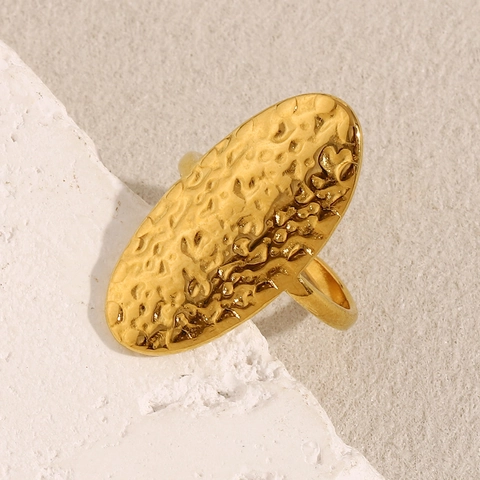 Hammered Oval Face Ring Stainless Steel 18K Gold Plated Adjustable Open Finger Jewelry French Vintage Niche Style Women