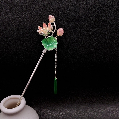 Pic À Cheveux Lotus Vintage Alliage Émail Fleur Gland Pendentif Goutte Style Chinois Accessoire Cheveux Pour Femmes