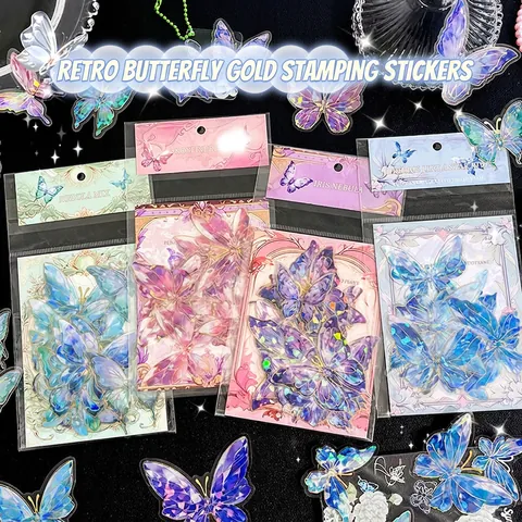 Holografische Laser Vlinder Stickers PET Goudstempelen Materiaal Voor Scrapbook DIY Journaling Waterdicht Esthetisch