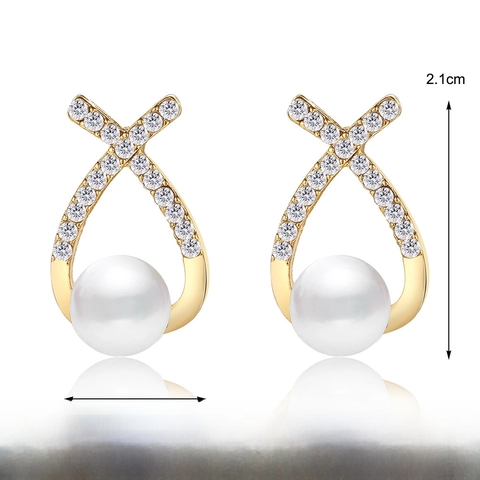 Crisscross X Shape Alloy Rhinestone Artificial Pearl Stud Earrings For Women Elegant French Vintage Style Golden Jewelry Accessory