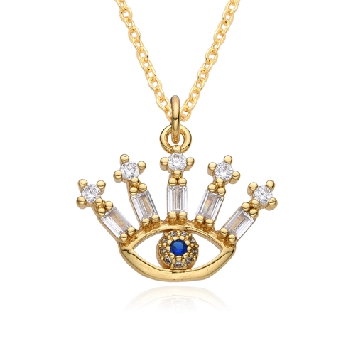 Retro 18K Gold Plated Copper Evil Eye Pendant Necklace For Women Micro Inlaid Rhinestone Geometric Hollow Out Fashion Jewelry